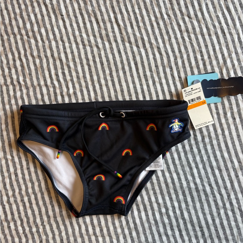 Original Penguin Black Swim Trunks with Rainbow Details